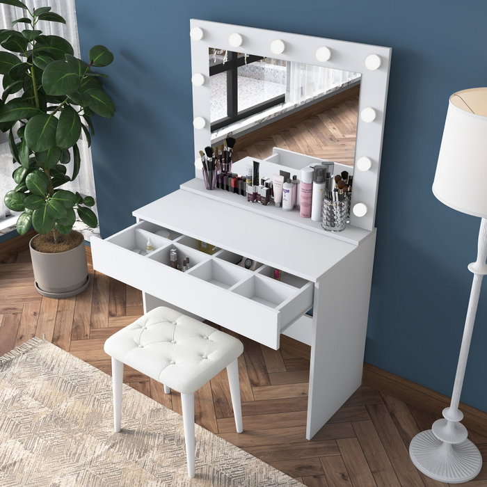 Hanah Home Mesa de Maquillaje con Espejo de 11 Focos y Puff Blanco